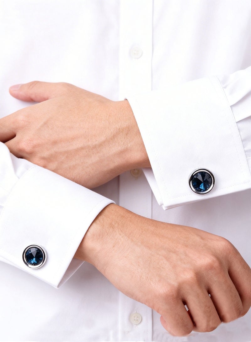 DB Innov. Cufflinks, Molan Blue Silver Frame Round-Shape Cufflinks, 2 PCS for One Set Premium Copper Jewelry Specially Design for Men's Shirt Wedding Business Gift with Delicate Package Box. - Image 3